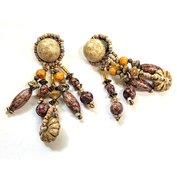 Vintage Bohemian Pushback Wood Cluster Earrings  Long  Lightweight - Picture 1 of 5